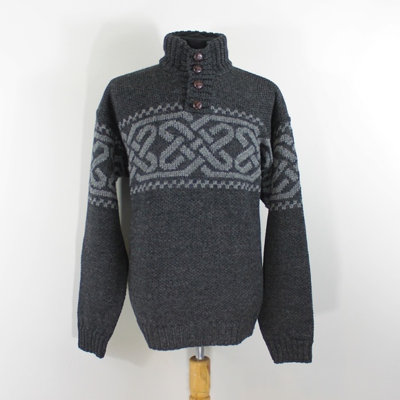 New Tags Aran Wool Button Neck Celtic Knot Sweater Gray Made in Ireland - Picture 3 of 7